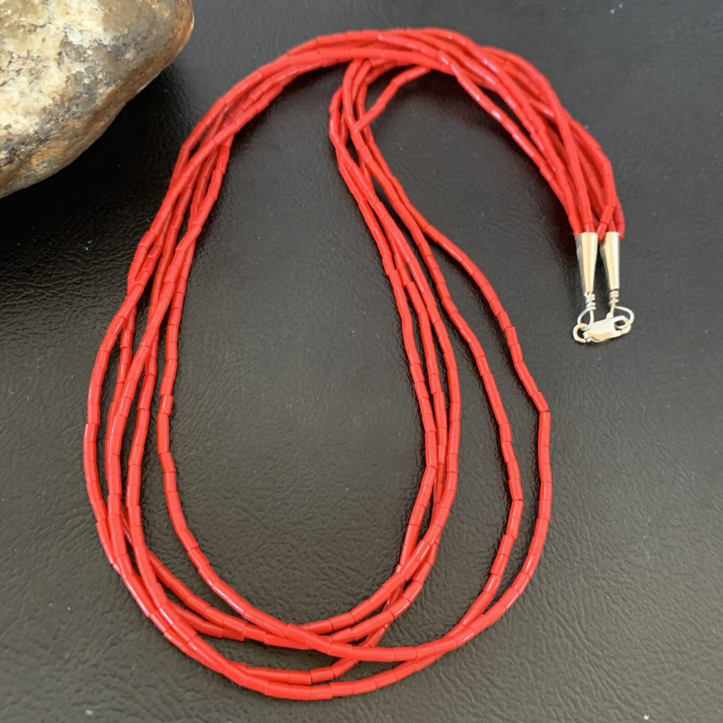 Red Coral Stabilized Heishi 5 Strand Sterling Silver Necklace 20” 2207