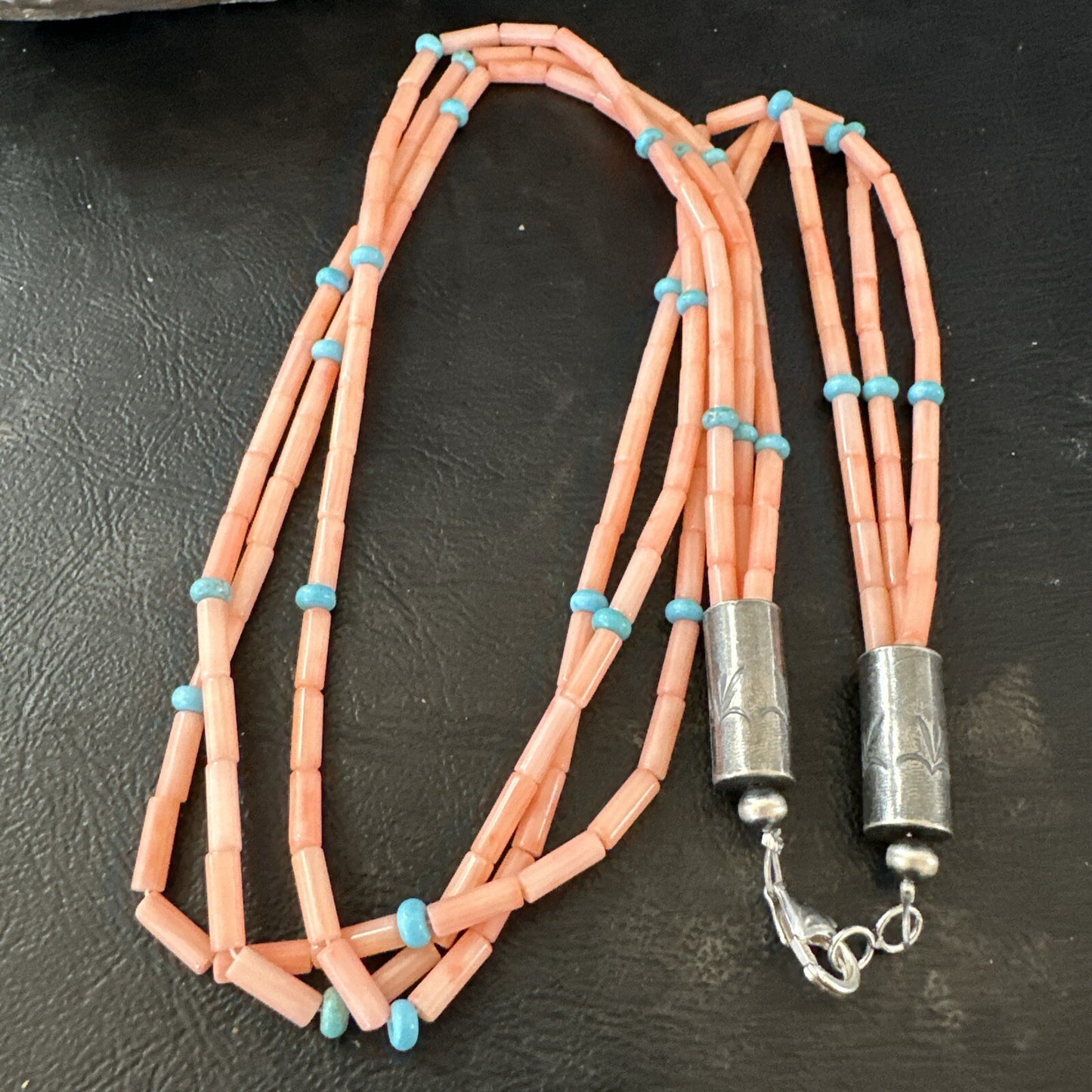 Native American Turquoise Pink Coral Sterling Silver 3 Strand Necklace 21" 17816