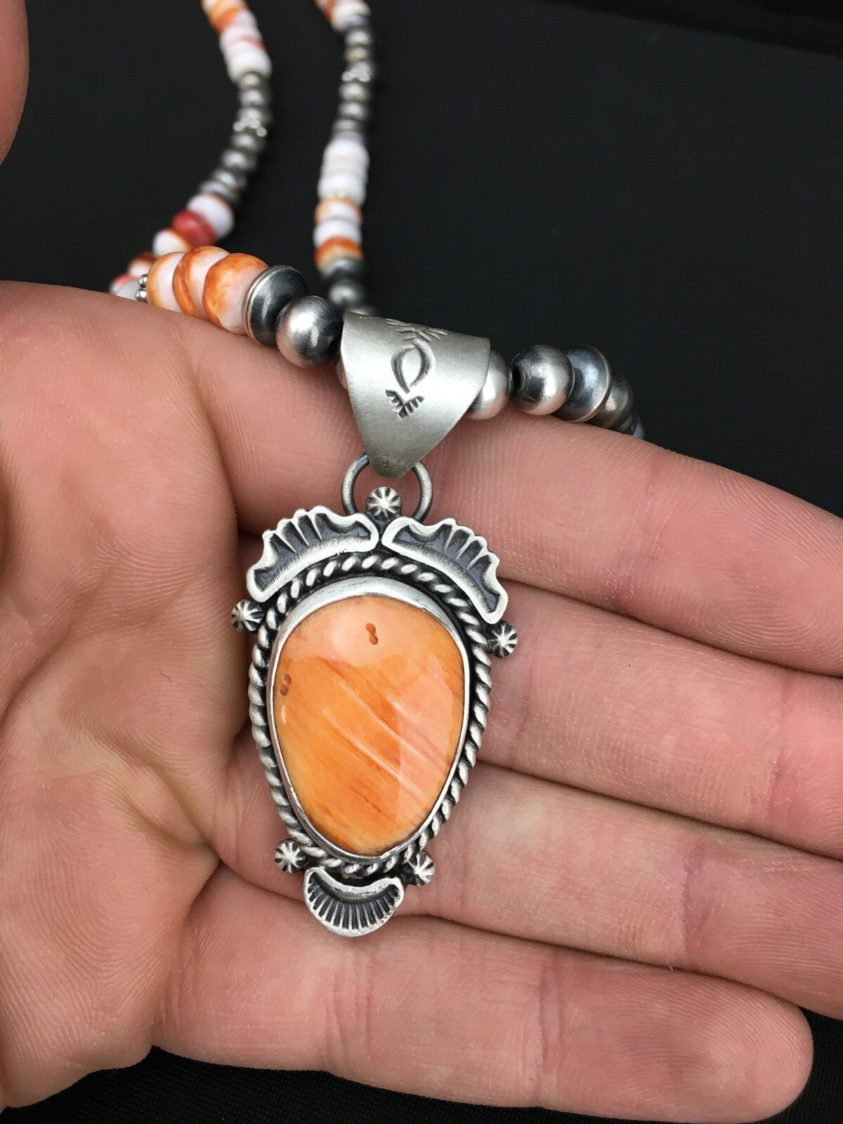 Orange Spiny Oyster Pendant Sterling Silver Beads Necklace 22" 01241