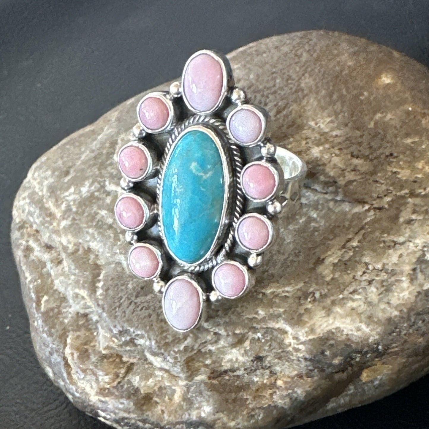 Cluster Ring Handmade Navajo Pink Conch Turquoise Sz 7 18789