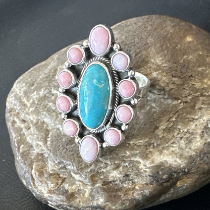 Cluster Ring Handmade Navajo Pink Conch Turquoise Sz 7 18789