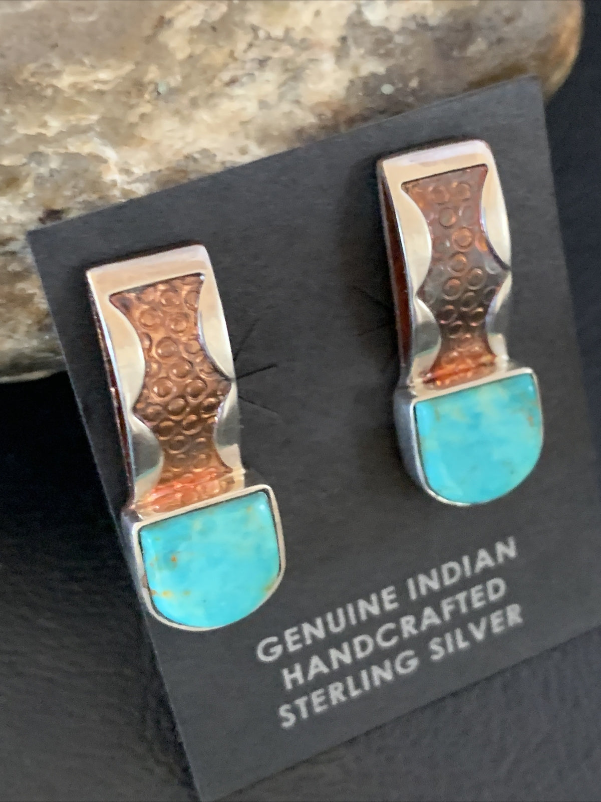 Womens Inlay Earrings Navajo Blue Turquoise Sterling Silver Brass 1" 13106