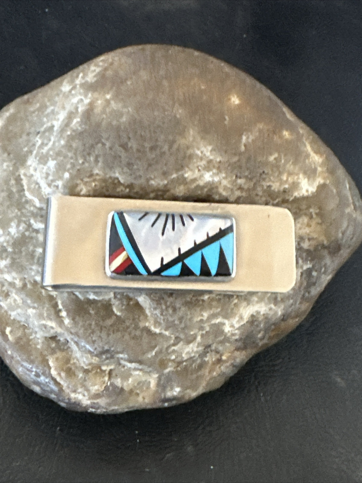 A Zuni Mens Turquoise Spiny Inlay Stainless Sterling Silver Money Clip 17834