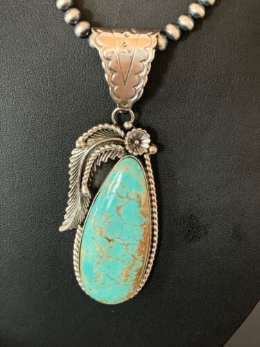 Men's Turquoise#8 Pendant | Navajo Pearls Sterling Silver Necklace 19721