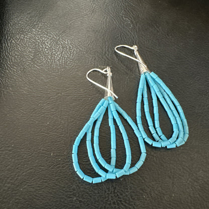 Blue Turquoise 3 Strand Sterling Silver Heishi Dangle 2” Earrings 18196