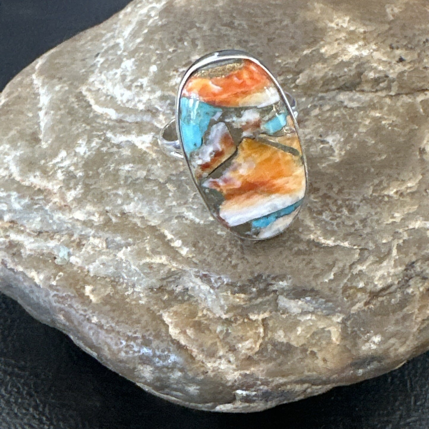 Blue Turquoise Spiny Oyster Navajo Sterling Silver Ring Size 8 18252