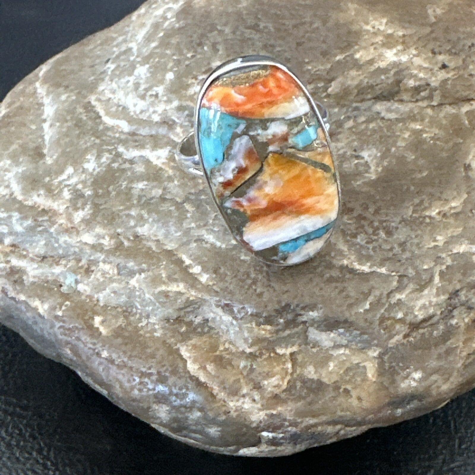 Blue Turquoise Spiny Oyster Navajo Sterling Silver Ring Size 8 18252