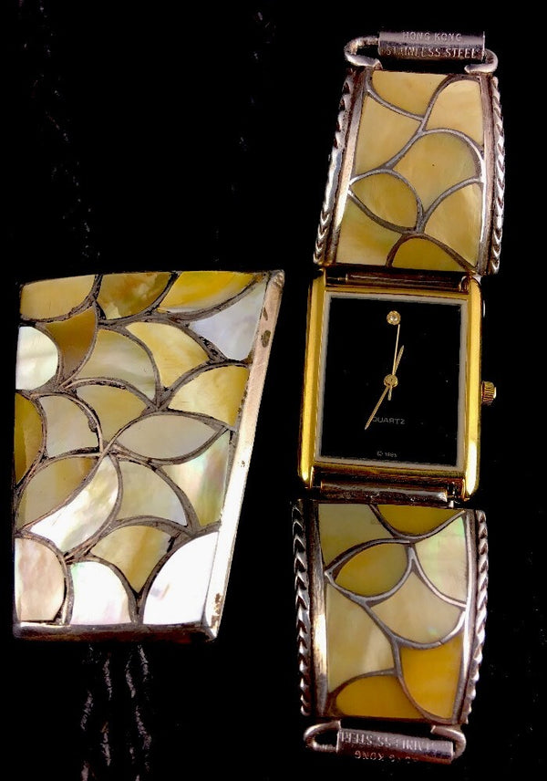 Yellow Mother Of Pearls Zuni Sterling Silver Old Pawn Bolo Tie & Watch 03114