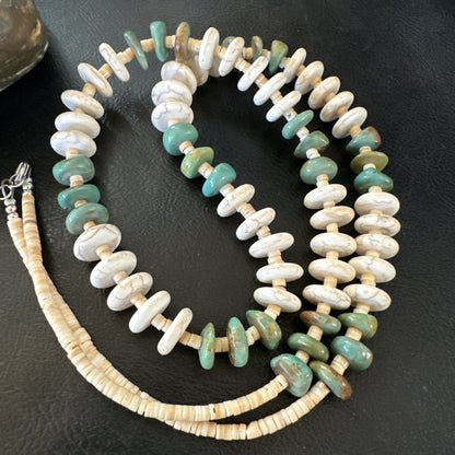 Green Royston Turquoise Shell Santo Domingo Sterling Silver Necklace 29” 19681