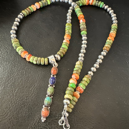 Feather Multicolor Turquoise Pendant Navajo Sterling Silver Necklace 18733