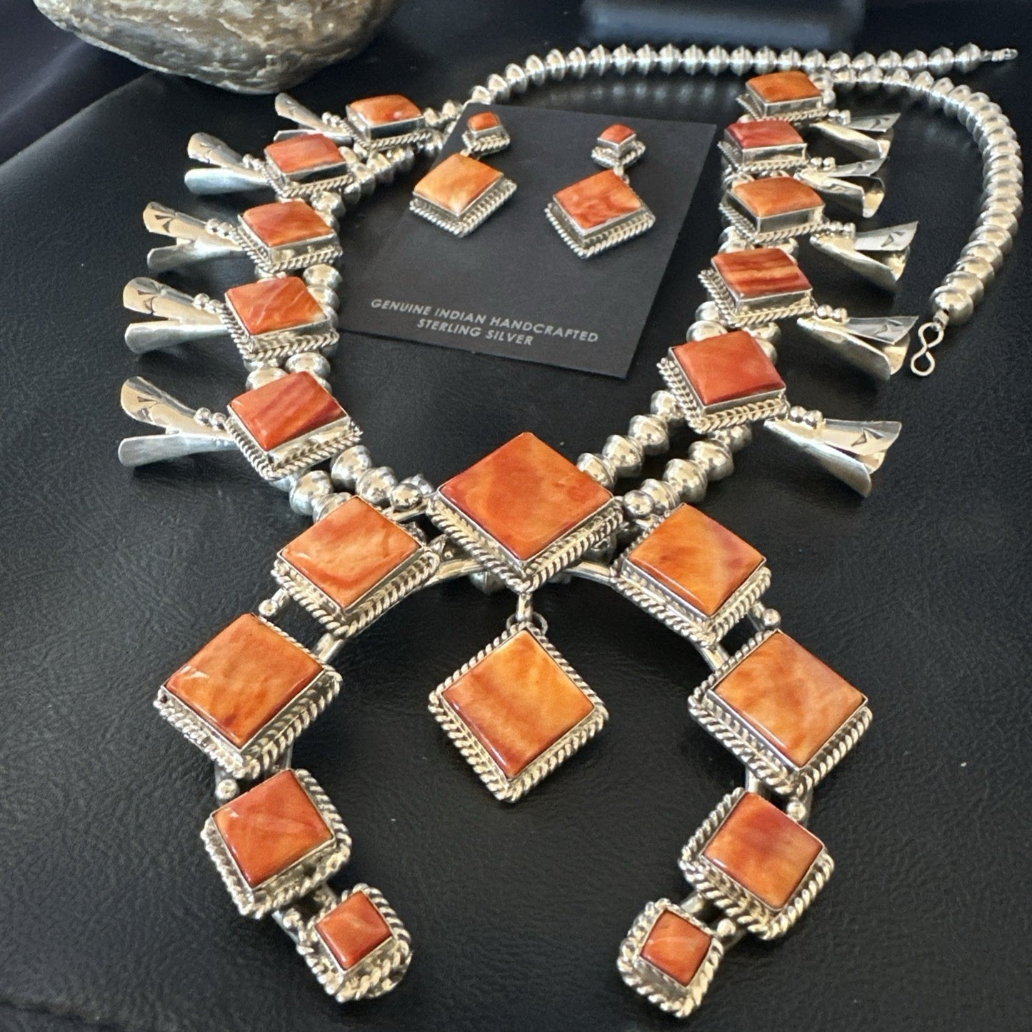 Orange Spiny Oyster Sterling Silver Squash Blossom Necklace 26" Earrings 19074
