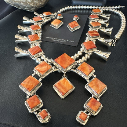 Orange Spiny Oyster Sterling Silver Squash Blossom Necklace 26" Earrings 19074