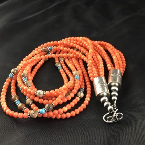 Navajo Orange Bamboo Coral Necklace 7 Strand Sterling Silver 19" 10173