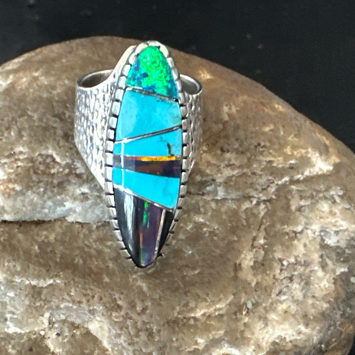 Men Navajo Multi-Color Opal Turquoise Inlay Sterling Silver Ring Size 6 18756