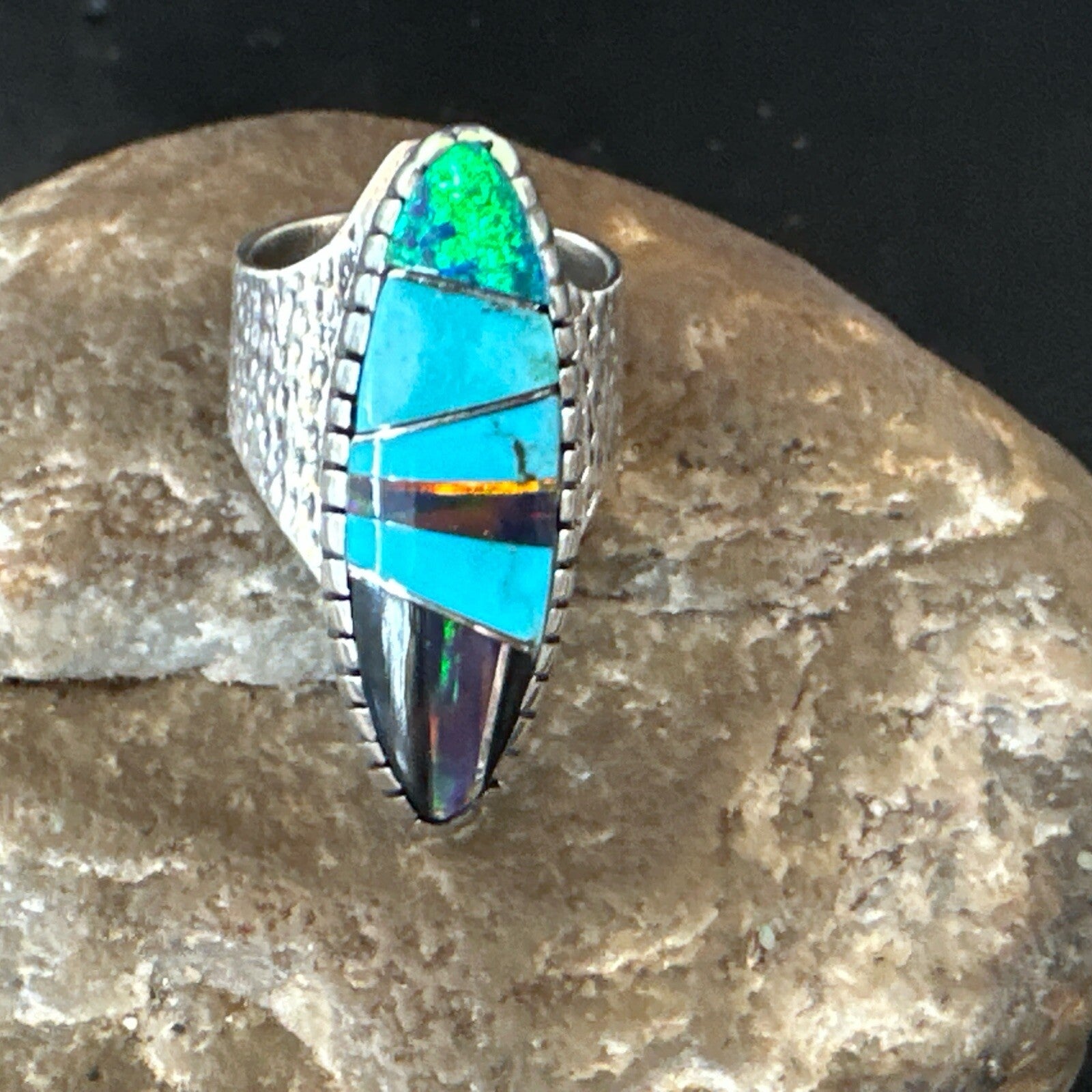 Men Navajo Multi-Color Opal Turquoise Inlay Sterling Silver Ring Size 6 18756