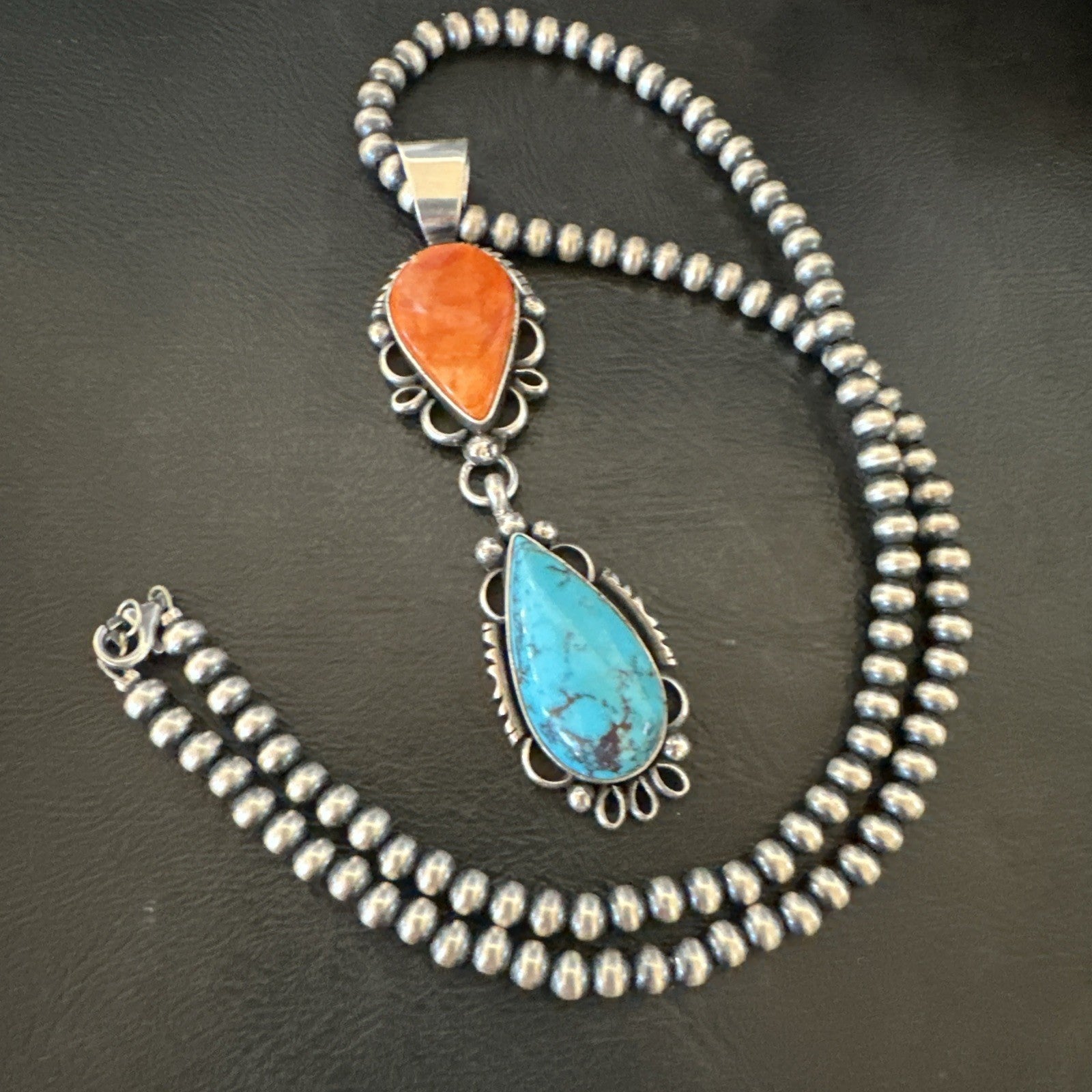 Multicolor Turquoise Spiny Navajo Sterling Silver Cluster Pendant Necklace 19558