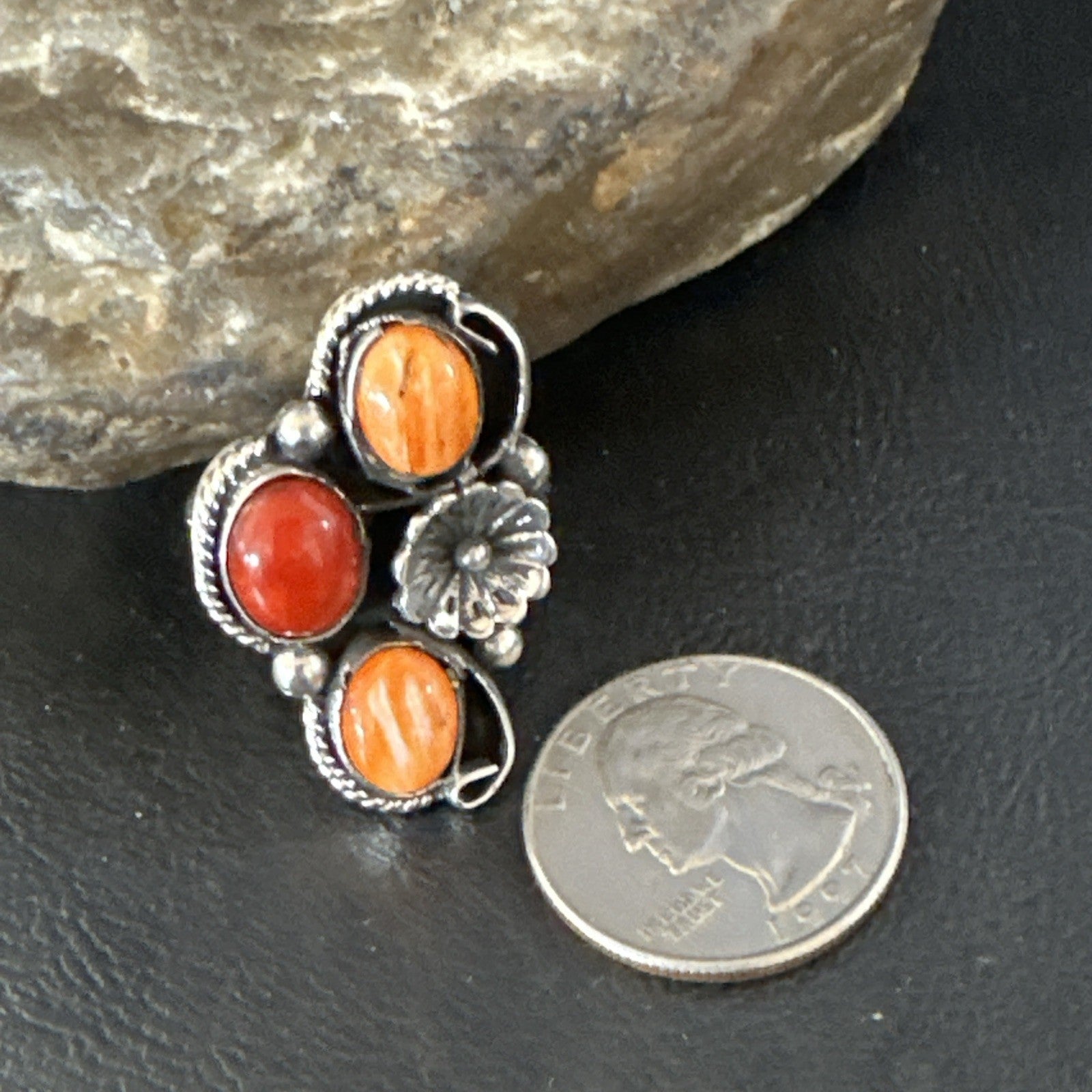 Multicolor Ring Coral Spiny Navajo Sterling Silver Cluster Sz 10.5 19196