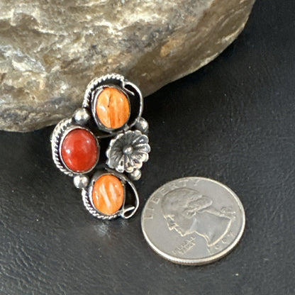 Multicolor Ring Coral Spiny Navajo Sterling Silver Cluster Sz 10.5 19196