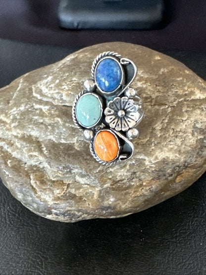 Multicolor Ring Turquoise Spiny Navajo Sterling Silver Cluster Size 8.5 19189