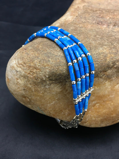 Blue Lapis Heishi 5 Strand Southwestern Liquid Sterling Silver Bracelet 7" 02935
