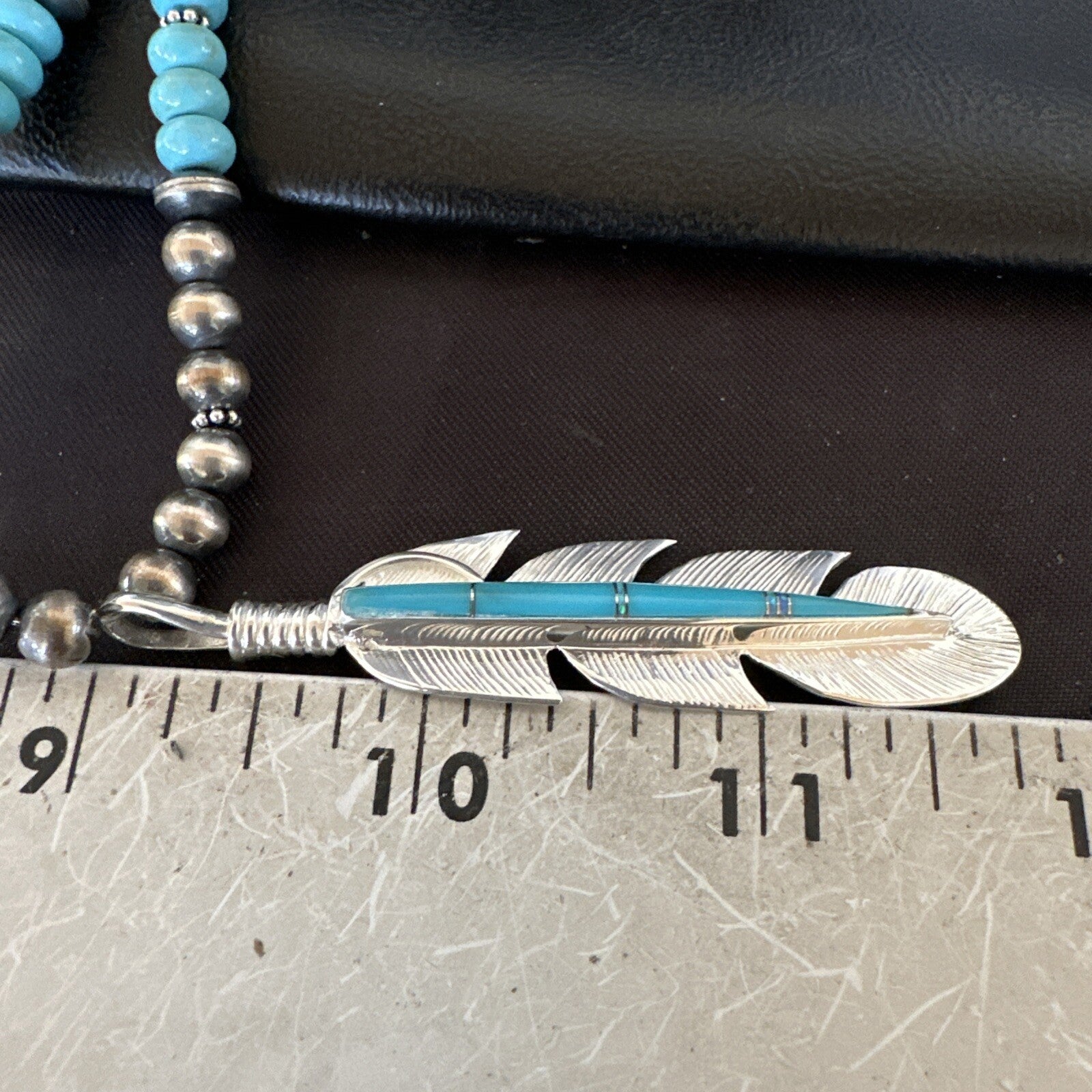 Mens Feather Turquoise Pendant Navajo Sterling Silver Beads Necklace 22" 18669