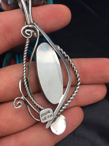 Kingman Turquoise & Spiny Oyster Pendant Navajo Sterling Silver Necklace 02637