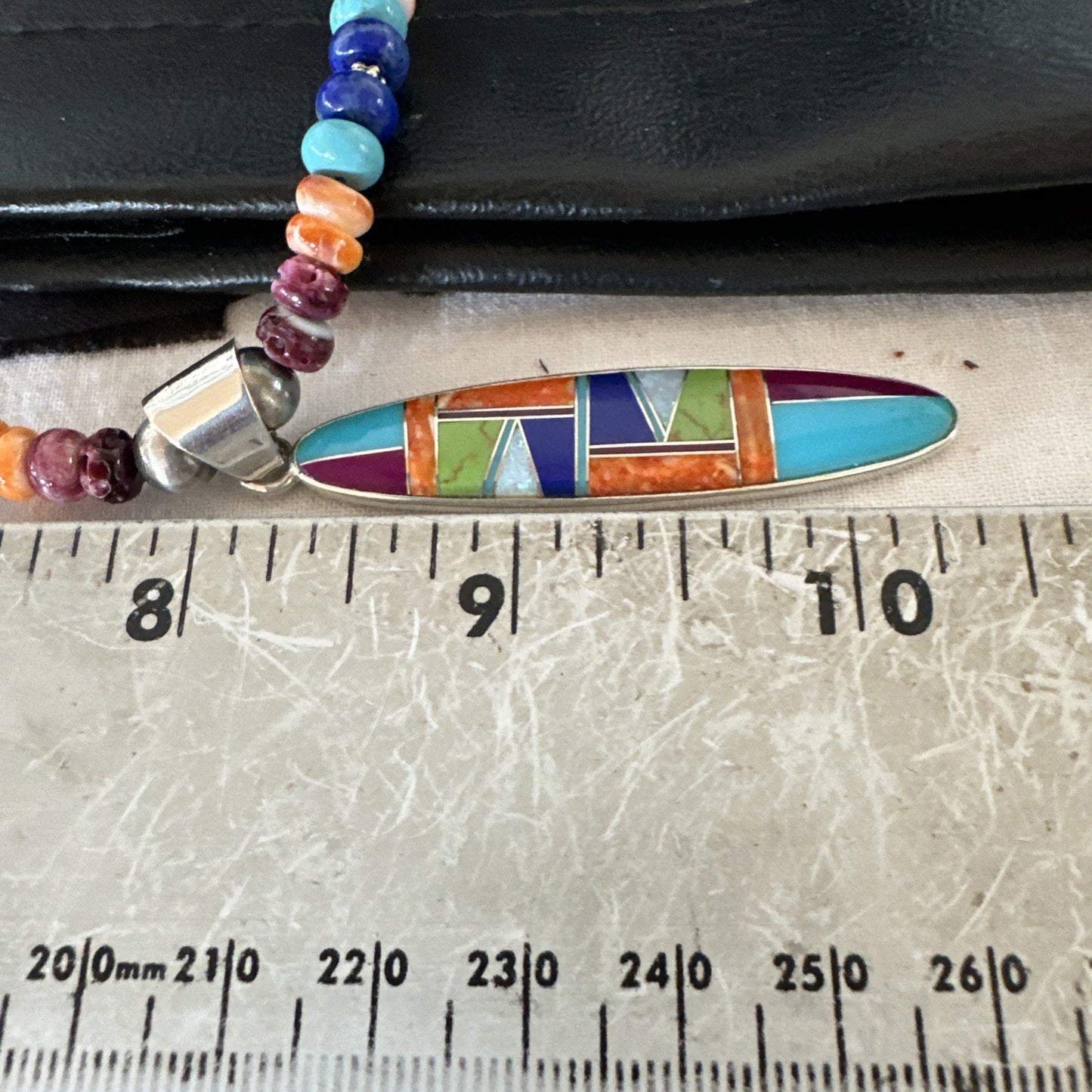 Multicolor Turquoise Spiny Navajo Sterling Silver Inlay Pendant Necklace 19643