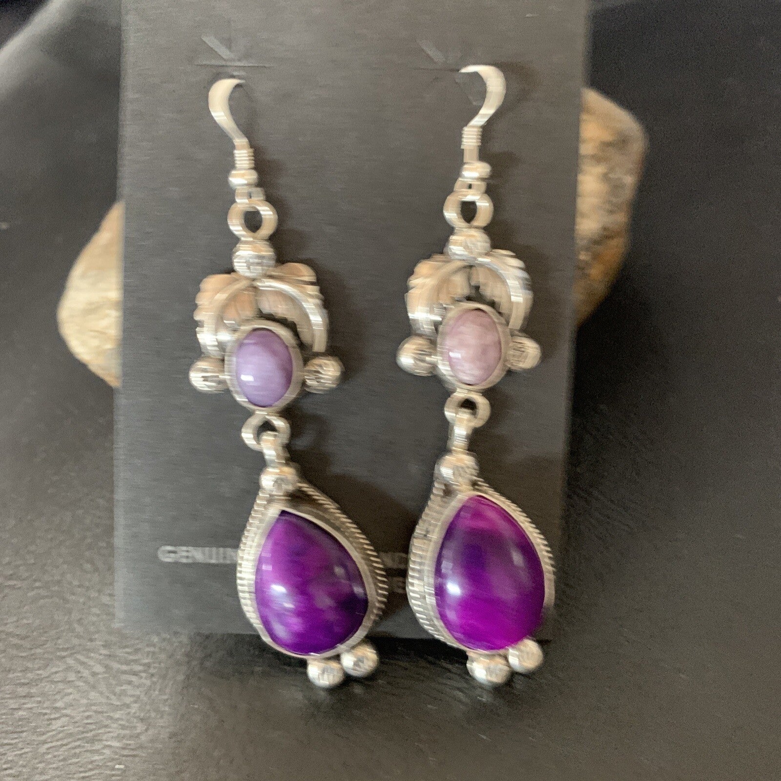 Purple Stone Navajo Sterling Silver Dangle Earrings 2" 12882