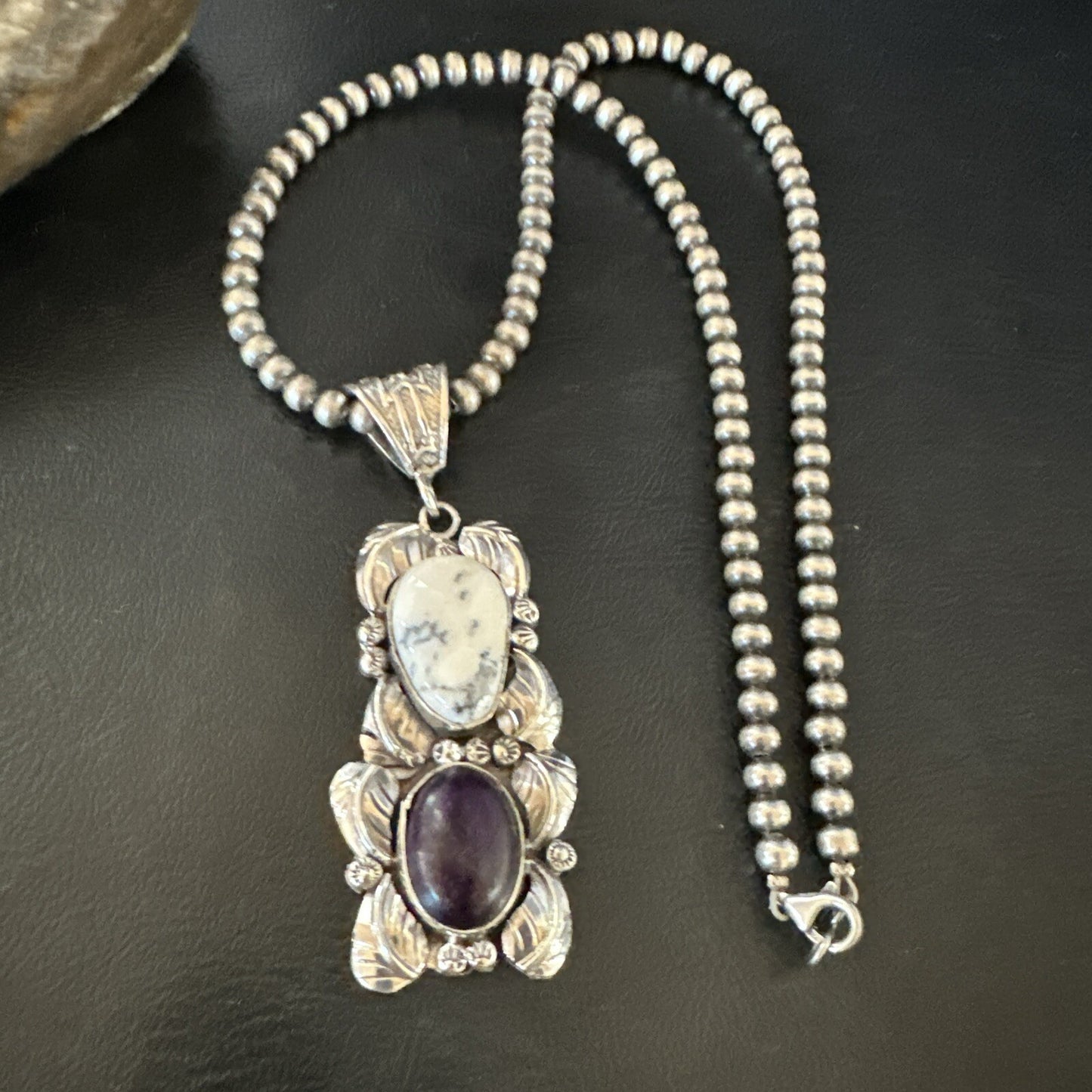 Navajo Sterling Silver White Buffalo Turquoise  Purple Stone Pendant 18035