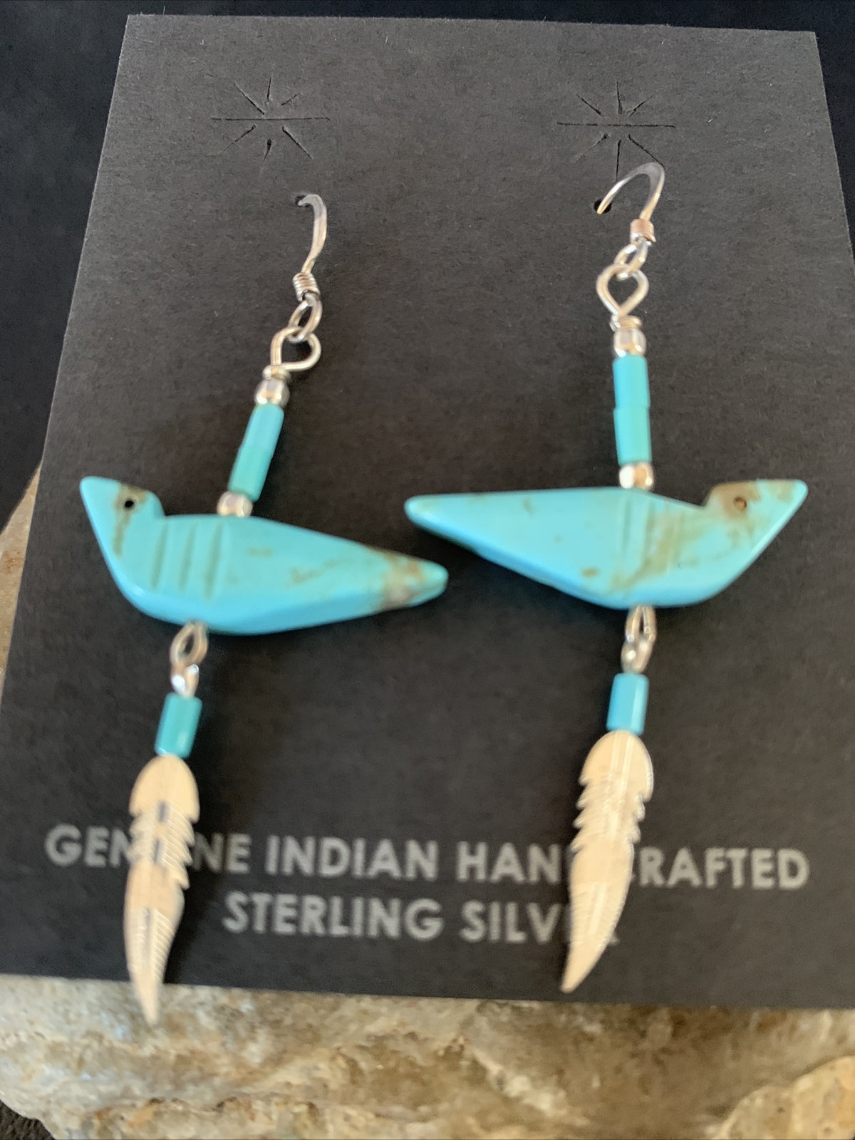 Native American Navajo Blue Turquoise Fetish Sterling Silver Earrings 1.5" 13055