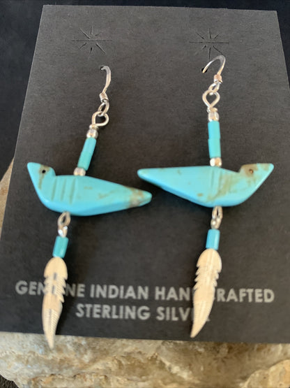 Native American Navajo Blue Turquoise Fetish Sterling Silver Earrings 1.5" 13055