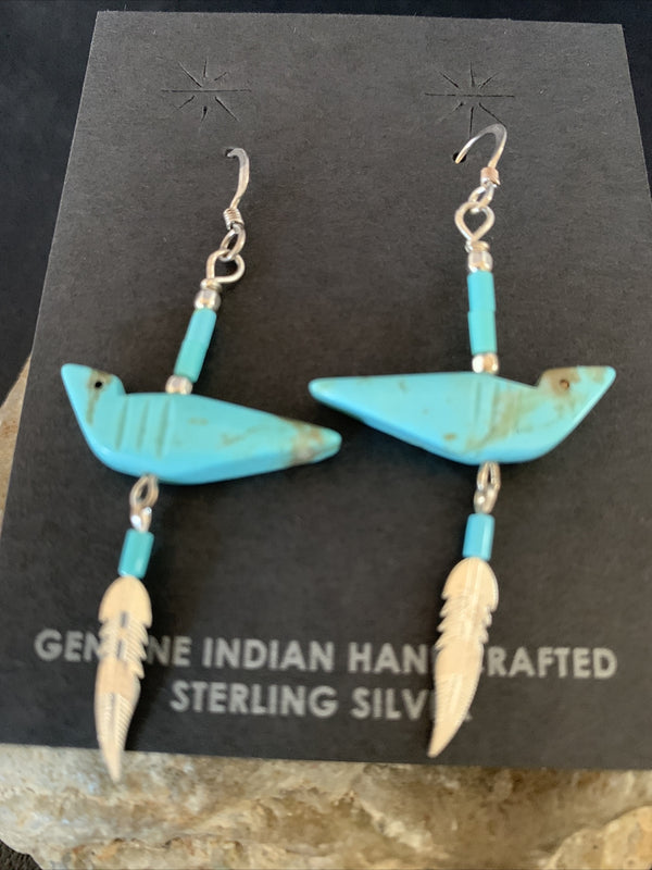 Navajo Blue Turquoise Fetish Earrings 1.5" | Sterling Silver | Authentic Native American Handmade | 13055