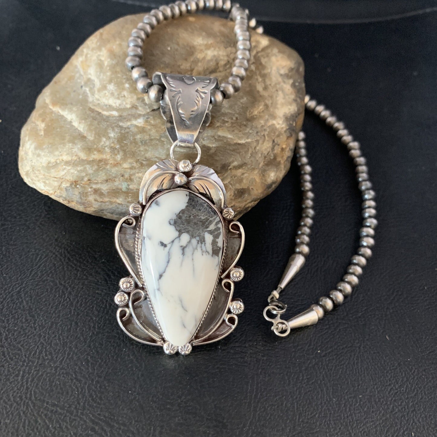 White Buffalo Turquoise Pendant Necklace Sterling Silver Navajo 13994