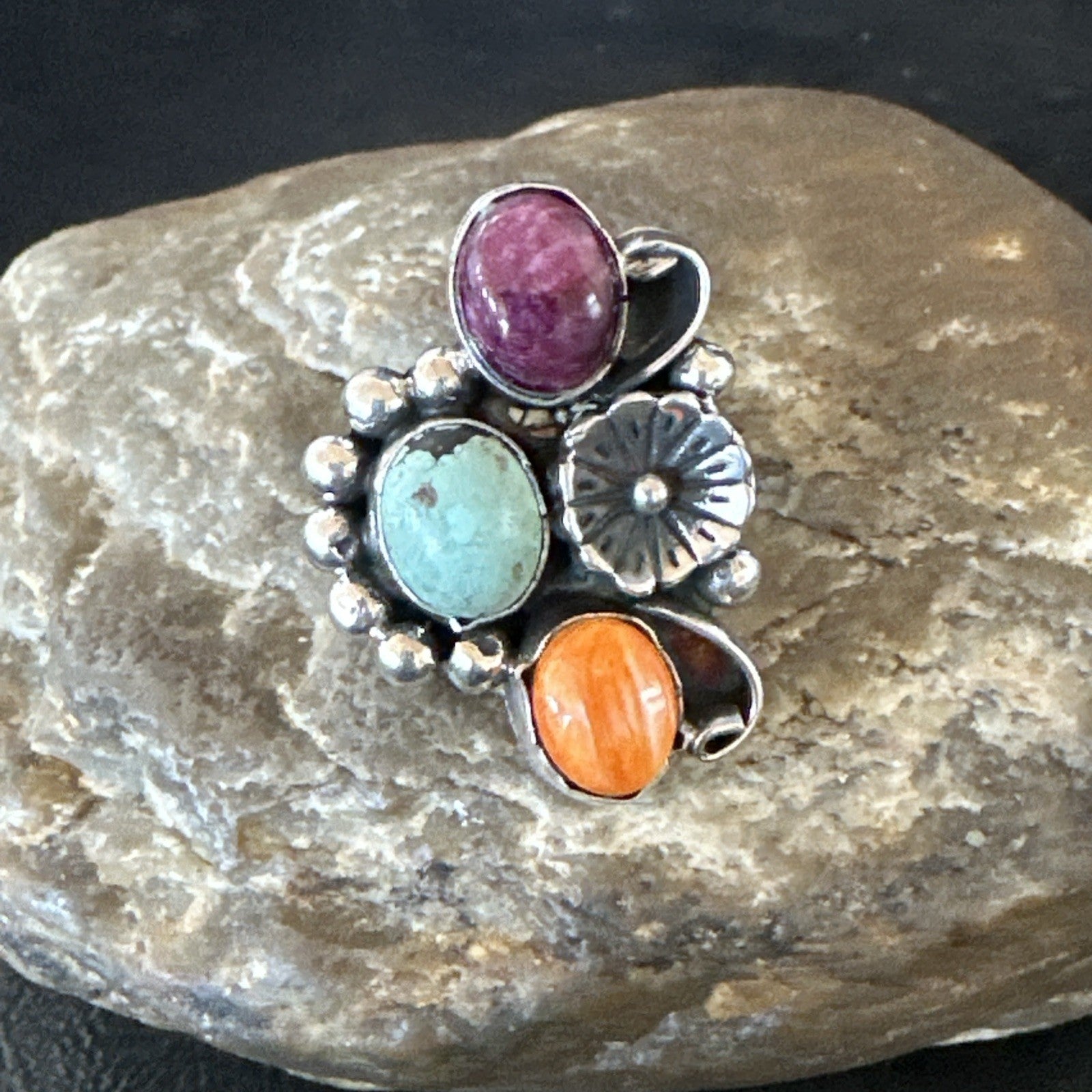 Multicolor Ring Turquoise Spiny Navajo Sterling Silver Cluster Size 8.5 19181