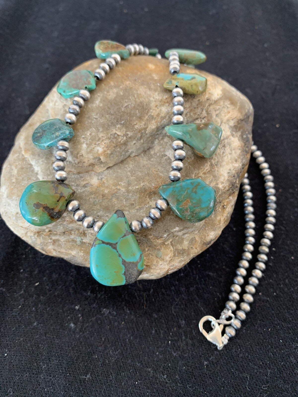 Green Royston Turquoise Navajo Pearls Sterling Silver 20" Necklace 00484