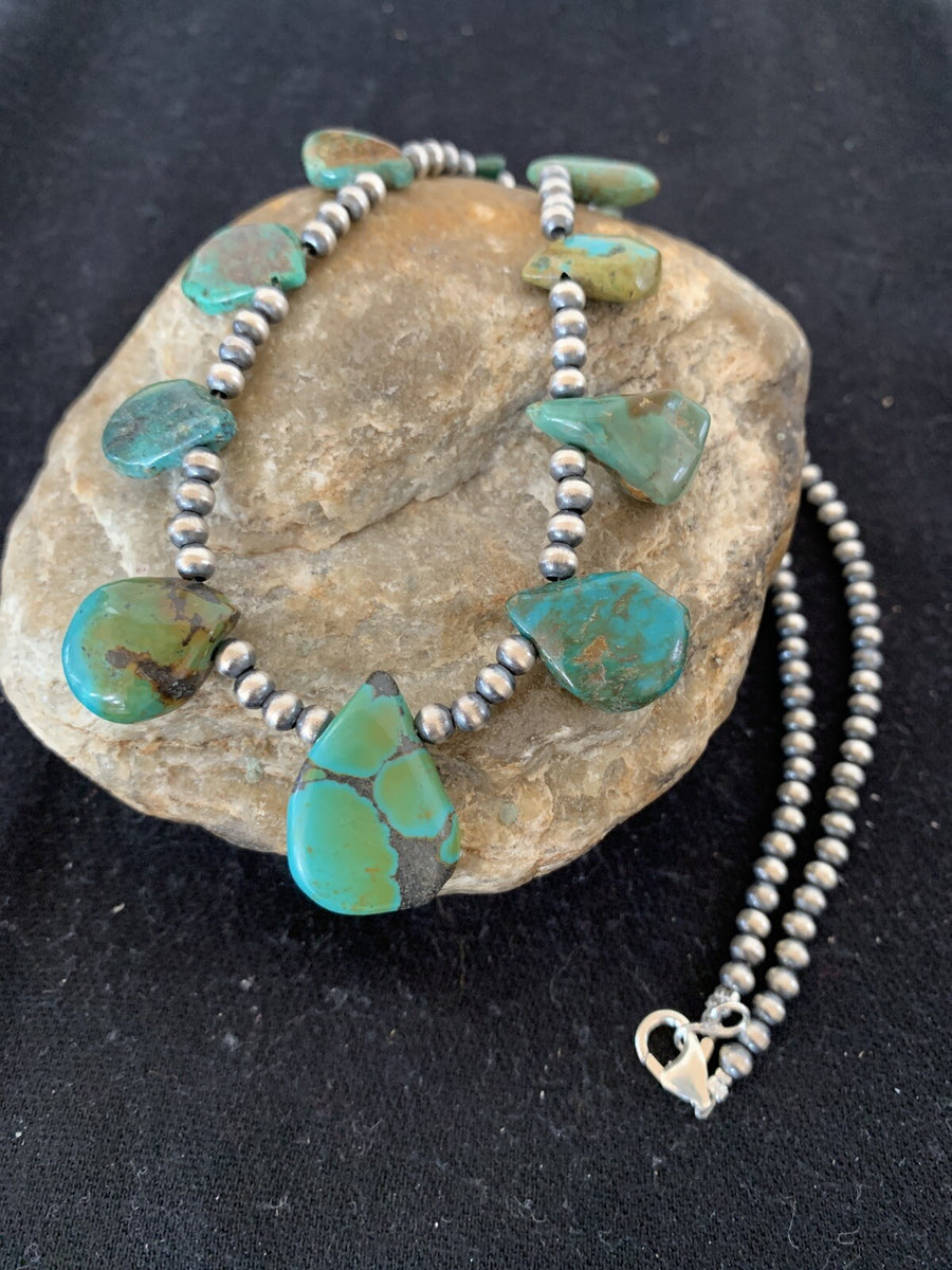 Green Royston Turquoise Navajo Pearls Sterling Silver 20" Necklace 00484