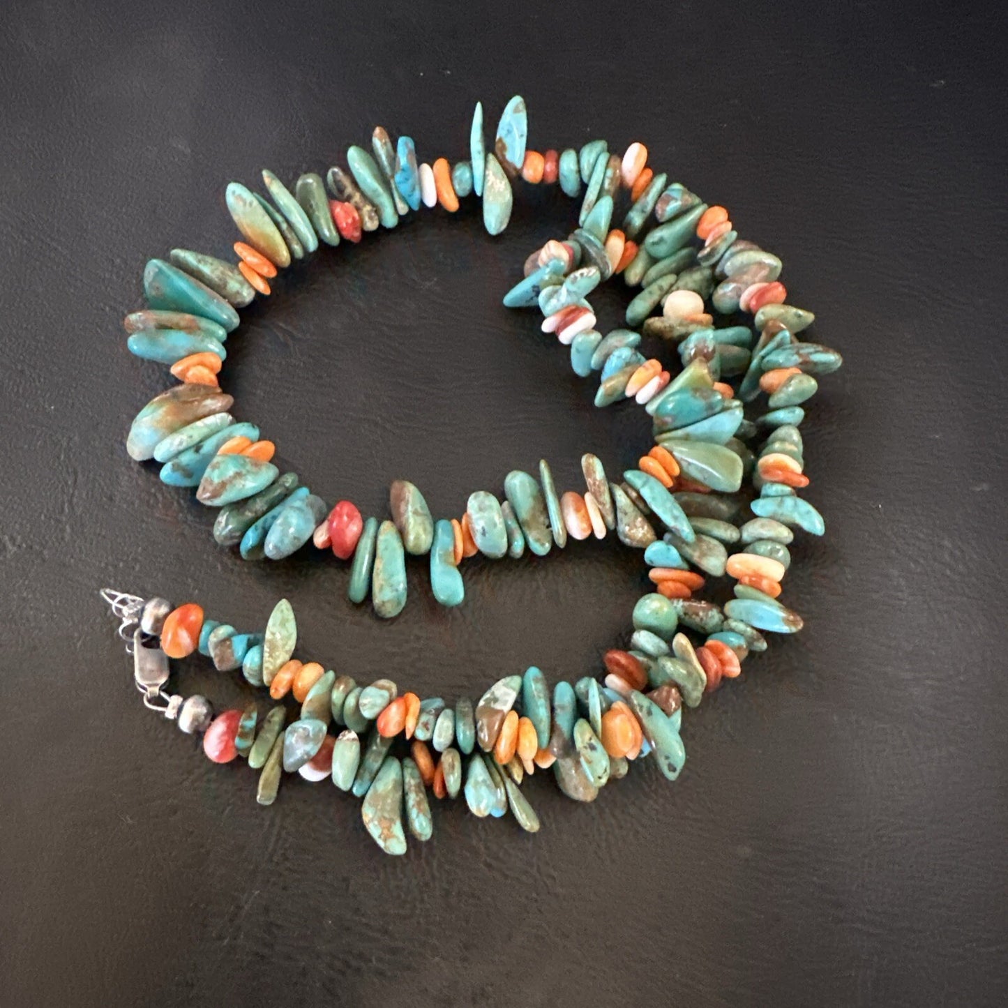 Green Turquoise Orange Spiny Oyster Nugget Sterling Silver Necklace 22” 18162