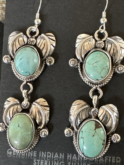 Native Navajo Blue Creek Turquoise Sterling Silver Dangle Earrings 2” 17918