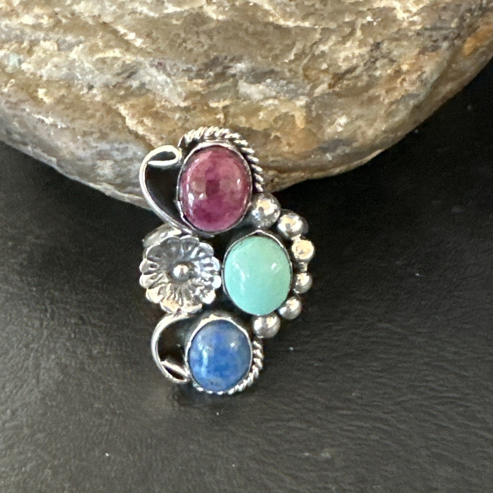 Multicolor Ring Turquoise Spiny Navajo Sterling Silver Cluster Size 8.5 19168