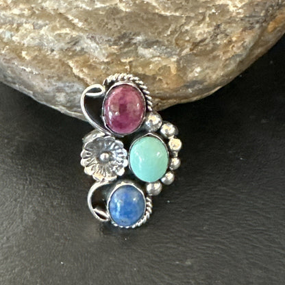 Multicolor Ring Turquoise Spiny Navajo Sterling Silver Cluster Size 8.5 19168