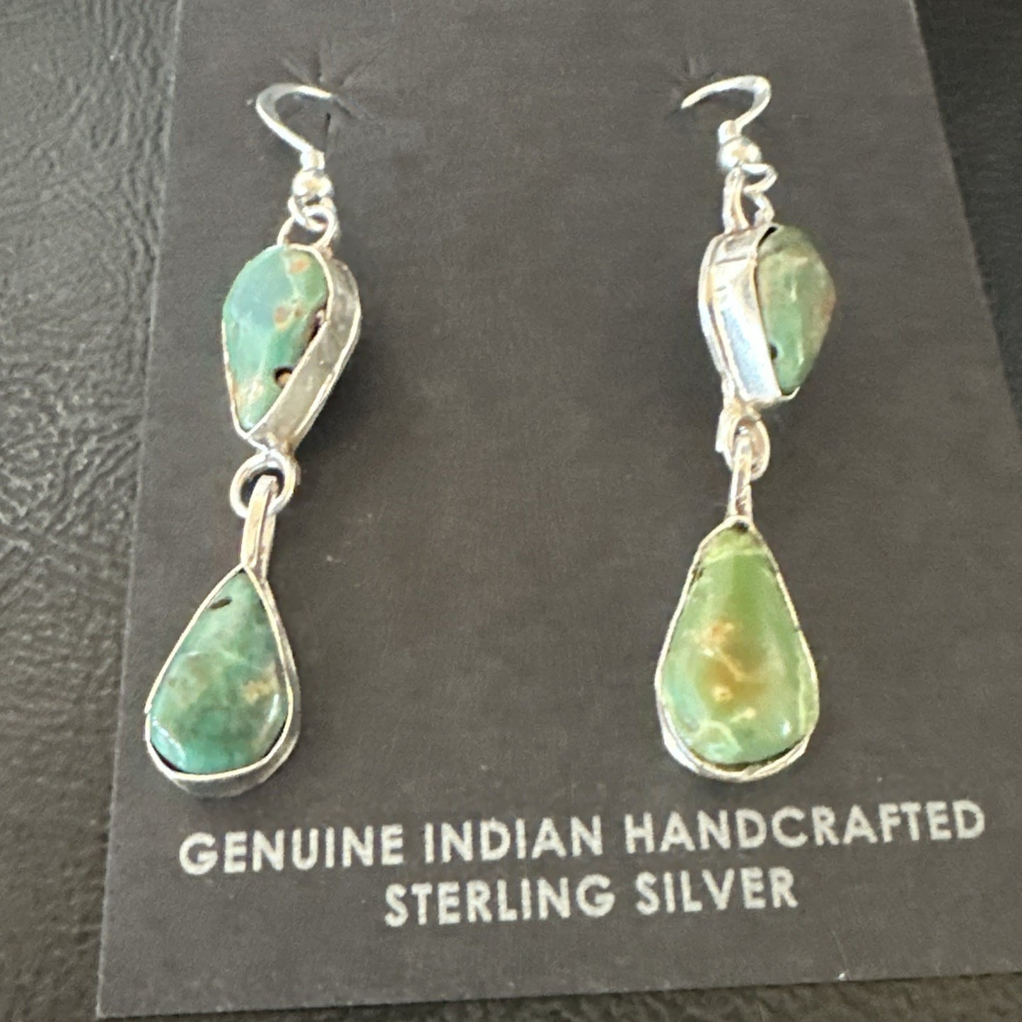 Green Royston Turquoise Navajo Sterling Silver Dangle Earrings 19414