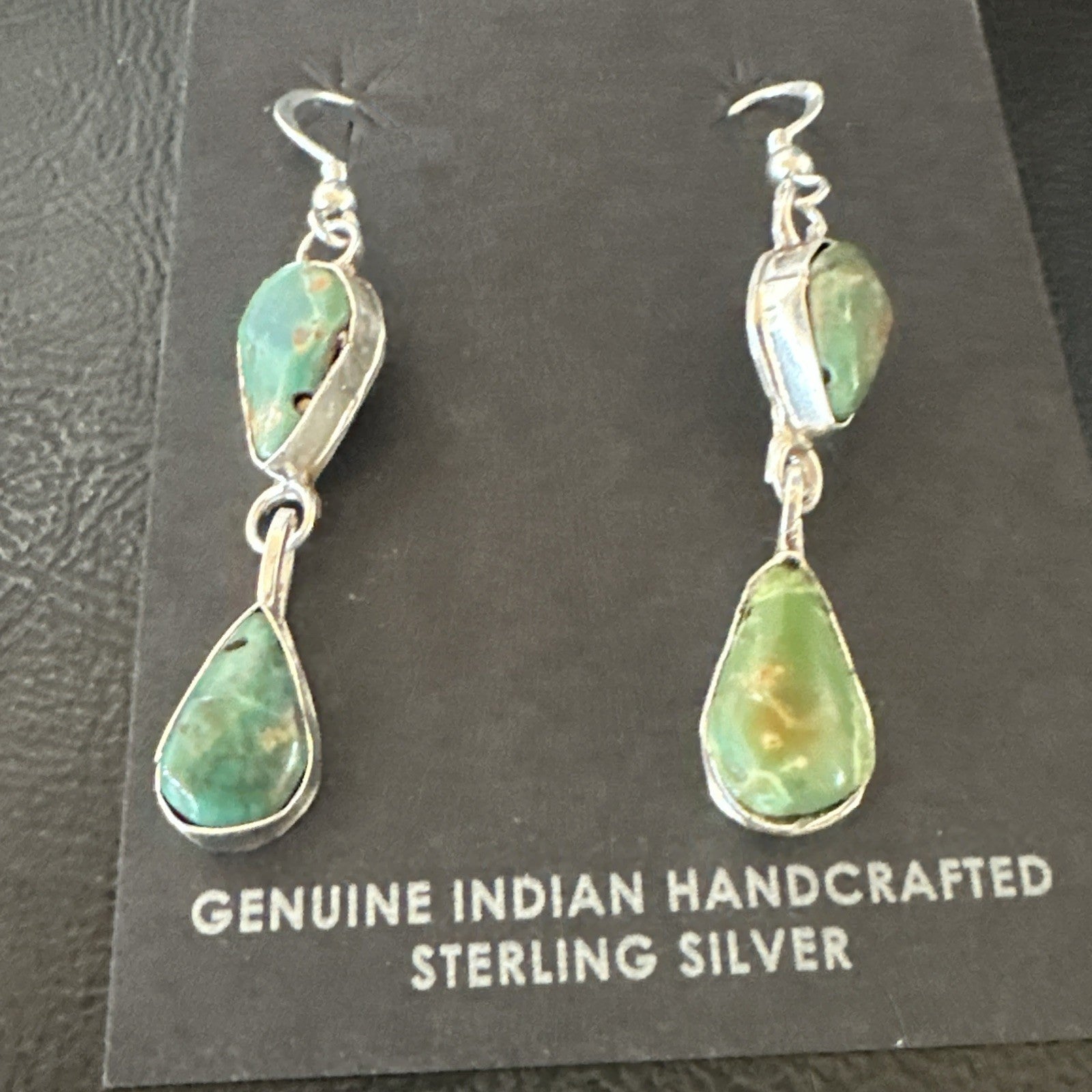Green Royston Turquoise Navajo Sterling Silver Dangle Earrings 19414