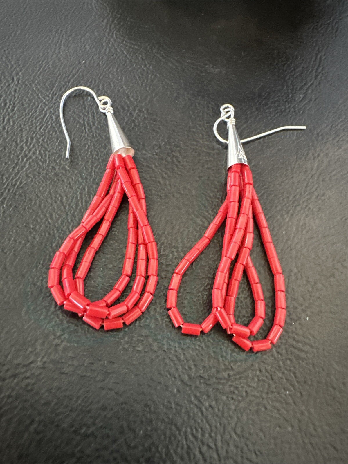Native Red Coral Heishi 3S Tube Liquid Sterling Silver Dangle Earrings 2" 18198