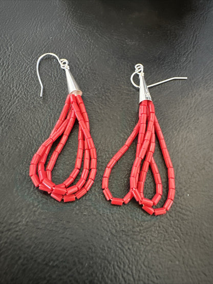 Native Red Coral Heishi 3S Tube Liquid Sterling Silver Dangle Earrings 2" 18198