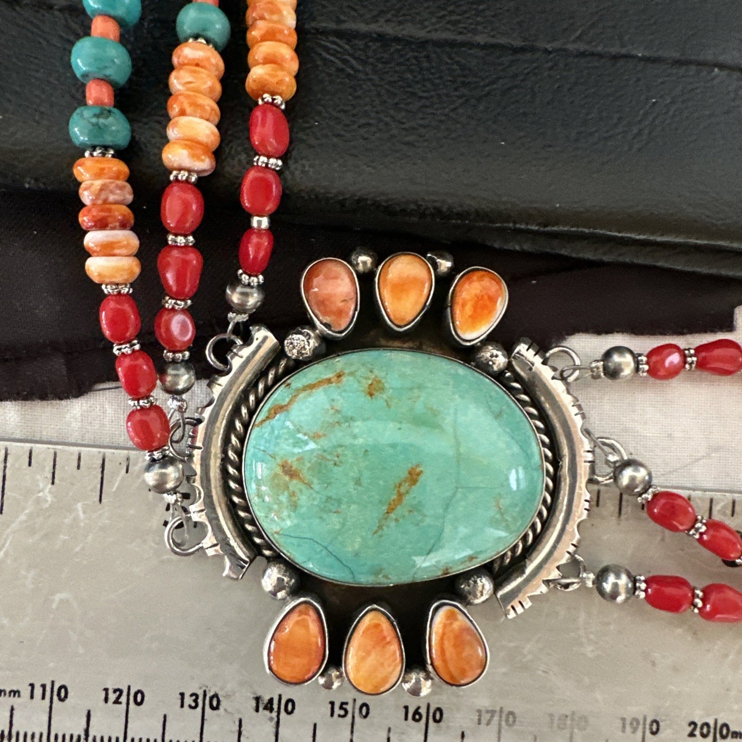 XL Statement Green Turquoise Spiny Navajo 3S Sterling Silver Necklace 34” 19675
