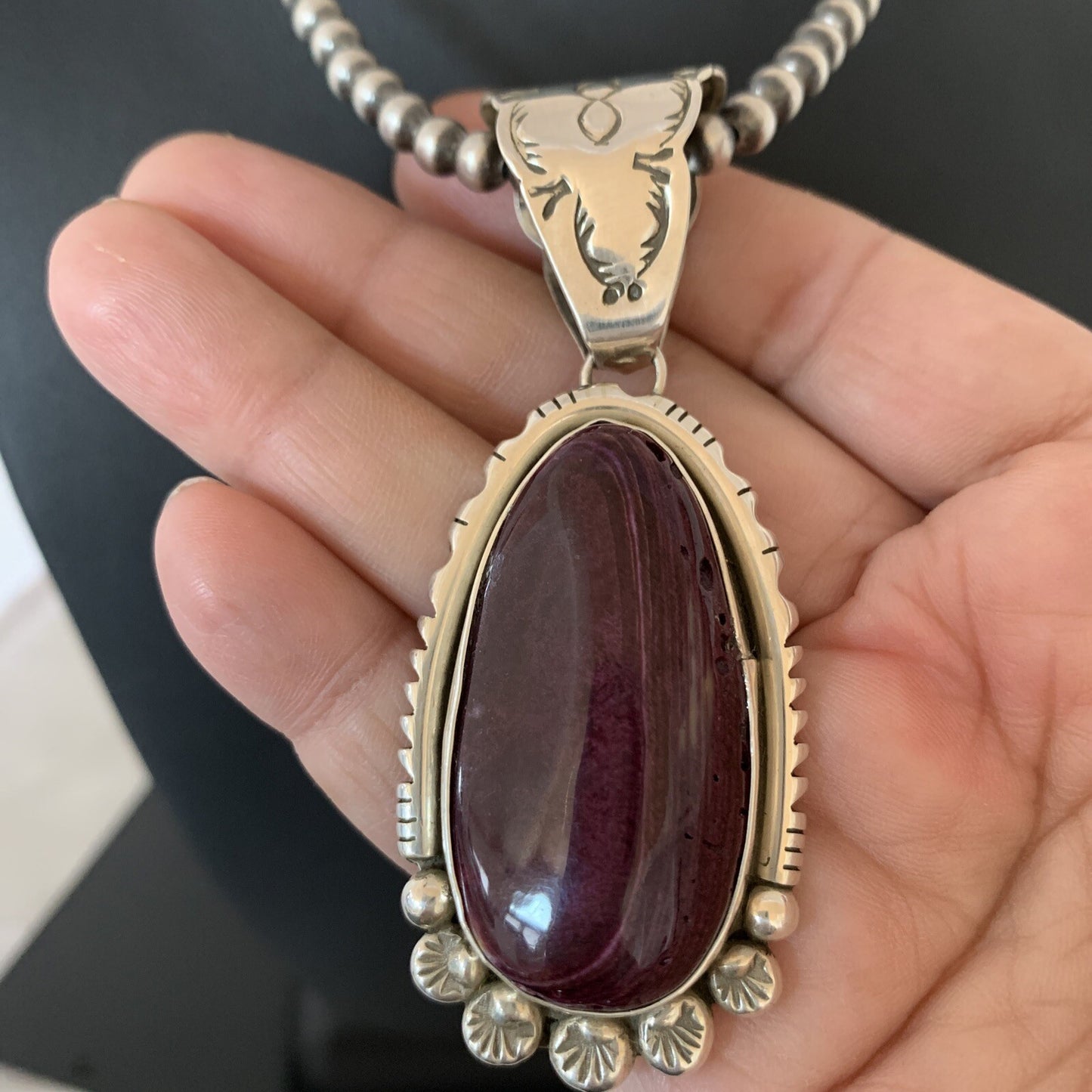 Purple Spiny Oyster Pendant Sterling Silver Navajo Pearls Necklace 17842