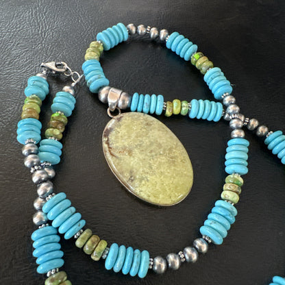 Green Gaspeite Pendant Blue Turquoise Navajo Sterling Silver Necklace 20" 19666