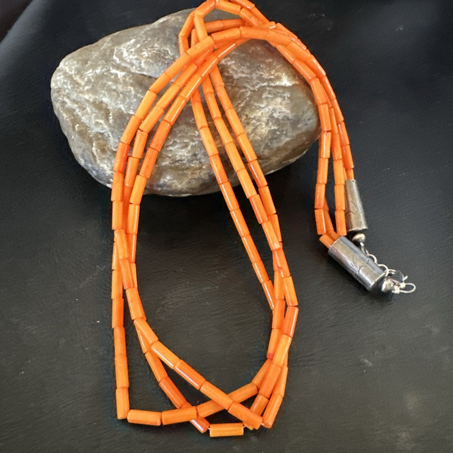 Native American Orange Coral Tubes Sterling Silver 3 Strand Necklace 21" 17821