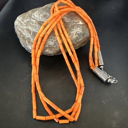 Native American Orange Coral Tubes Sterling Silver 3 Strand Necklace 21" 17821