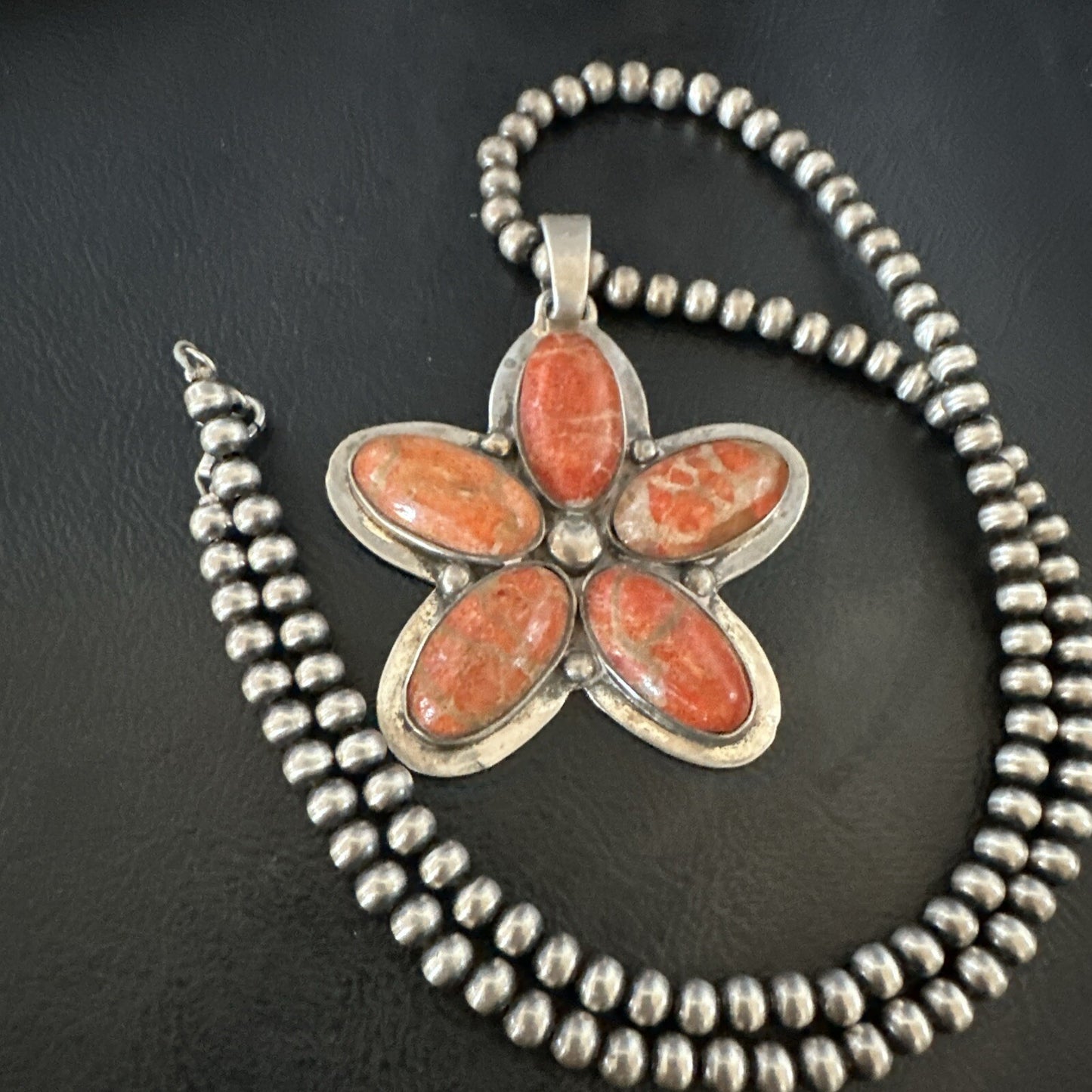 Navajo Apple Sponge Coral Sterling Silver Necklace Pendant 18133